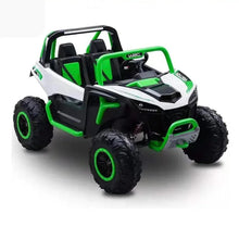 Green and white 12V kids ride-on off-road car with rubber tires and leather seat