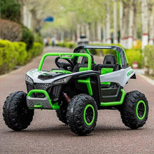 Green and white ride-on off-road car for kids with rubber tires and leather seat