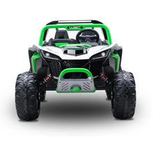 Front view green and white kids ride-on off-road car with rubber tires