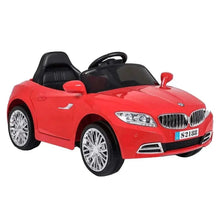 Red kids electric ride-on car with black seats, front view, chrome wheels.