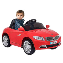 Red kids electric ride-on car with black seats and steering, child seated.