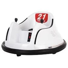 White kids electric bumper car with seat number 21 and black base