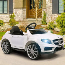 White kids electric ride-on car with open doors, black seat, and front grille