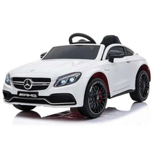 Kids electric ride-on car in white with black wheels and steering wheel