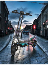 Electric scooter on a street scene with glowing headlight and RGB deck light strip