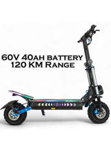 Black electric scooter with blue accents, dual wheels and colorful underglow deck lights