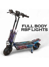 Black electric scooter with blue accents and full-body RGB lights, front suspension visible