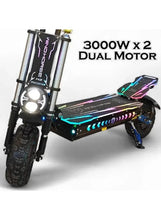 Electric scooter close-up on front fork and deck with RGB light accents and headlight