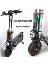 Electric scooter with large front headlight and RGB lights on the deck and fork