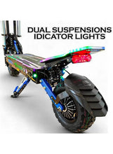 Electric scooter showing dual suspension area and RGB lights on the deck and wheel
