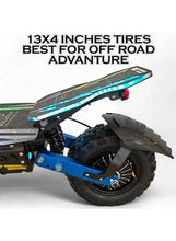 Electric scooter close-up of wide 13x4 tires, rear fender, and RGB light deck