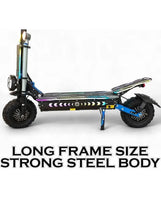 Black electric scooter with blue accents, large 13-inch tires, RGB deck lights