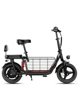 Dual seat electric scooter with front headlight and rear wire cargo basket, black and red frame