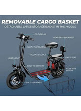 Electric scooter with removable cargo basket, child seat, and adjustable handlebars