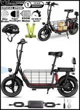 Electric scooter with dual seats, front headlight, and front wire cargo basket