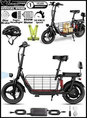 Electric Bike 850W Motor with Dual Seat, 48V10Ah Battery, 50KM/H Speed, 40KM Range, Dual Suspension and Storage Basket, E-Bike with Helmet and Safety Vest