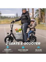 Electric scooter with dual seats and large rear cargo basket, shown outdoors