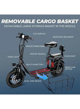 Electric scooter with removable front cargo basket and rear child seat