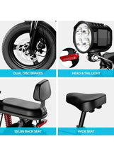 Electric scooter details: dual disc brakes, headlight and tail light, wide seat