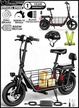 Electric scooter set shown with dual seat, front cargo basket, and included accessories