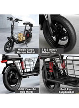 Black electric scooter with large front cargo basket and dual rear suspension shocks