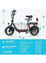 Electric scooter with dual seat and rear storage basket, black and red frame, dual suspension