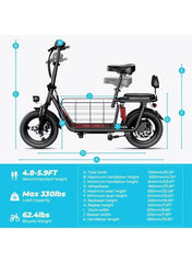 C3 Electric Scooter 850W Motor with Dual Seat, 48V10Ah Battery, 50KM/H Speed, 40KM Range, Dual Suspension and Storage Basket, E-Scooter