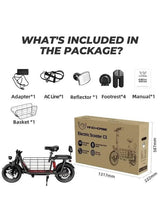 Electric scooter with dual seat, shown with packaging box and included accessories