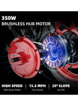 350W brushless hub motor wheel close-up on folding electric bike, red and silver