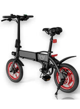 Folding electric bike with black frame, red wheel rims, front suspension fork, dual disc brakes