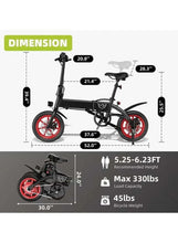 Folding electric bike side view with black frame and red wheels, adjustable seat, front headlight