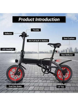 Folding electric bike with black frame, red accents on wheels, front and rear disc brake rotors