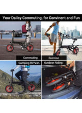 Folding electric bike for commuting with black frame and red wheel rims, shown outdoors