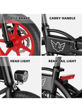 Folding electric bike close-ups: red disc brake rotor, handle carry frame, front headlight