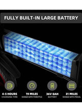 Folding electric bike battery pack detail on the frame, blue cells inside the housing