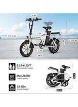 White folding electric bike with black seat and dual disc brakes, shown with height and load info