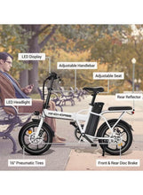 White folding electric bike with LED headlight, adjustable seat and handlebar, and rear reflector