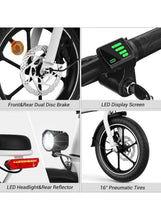 Close-up of white electric bike front and rear dual disc brakes, LED display, and tires
