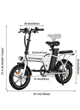 White folding electric bike with black battery and front light, shown with size dimensions