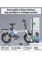 White folding electric bike with removable lithium battery shown charging on a stand