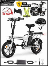 Folded white electric bike shown with accessories, including helmet, safety vest, and charger
