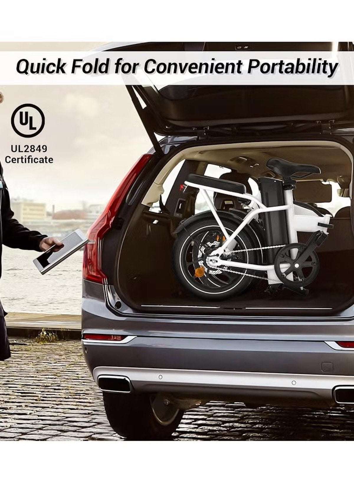 Folding Electric Bike with 350W High Speed Motor, 36V 8AH Battery, 40 KM/H Speed, 35 KM Range, Dual Disk Brakes, Carbon Alloy Frame and 16-Inch Tires, Portable Electric Bike with Dual Seat, Helmet and Safety Vest