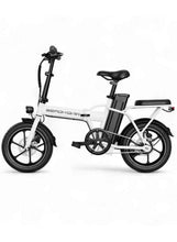 White folding electric bike with black seat, front headlight, and compact 16-inch wheels