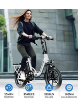White folding electric bike with black seat and front suspension fork, dual disc brakes