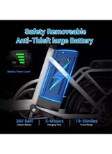 Removable battery pack for folding electric bike with LED power level indicator.