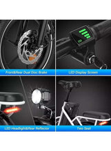 Foldable electric bike with dual disk brakes, LED display, headlight, rear reflector.