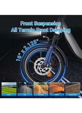Front suspension fork and 16-inch tire with front disc brake on foldable electric bike.