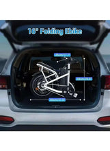 Foldable electric bike folded for transport, shown in open vehicle trunk.