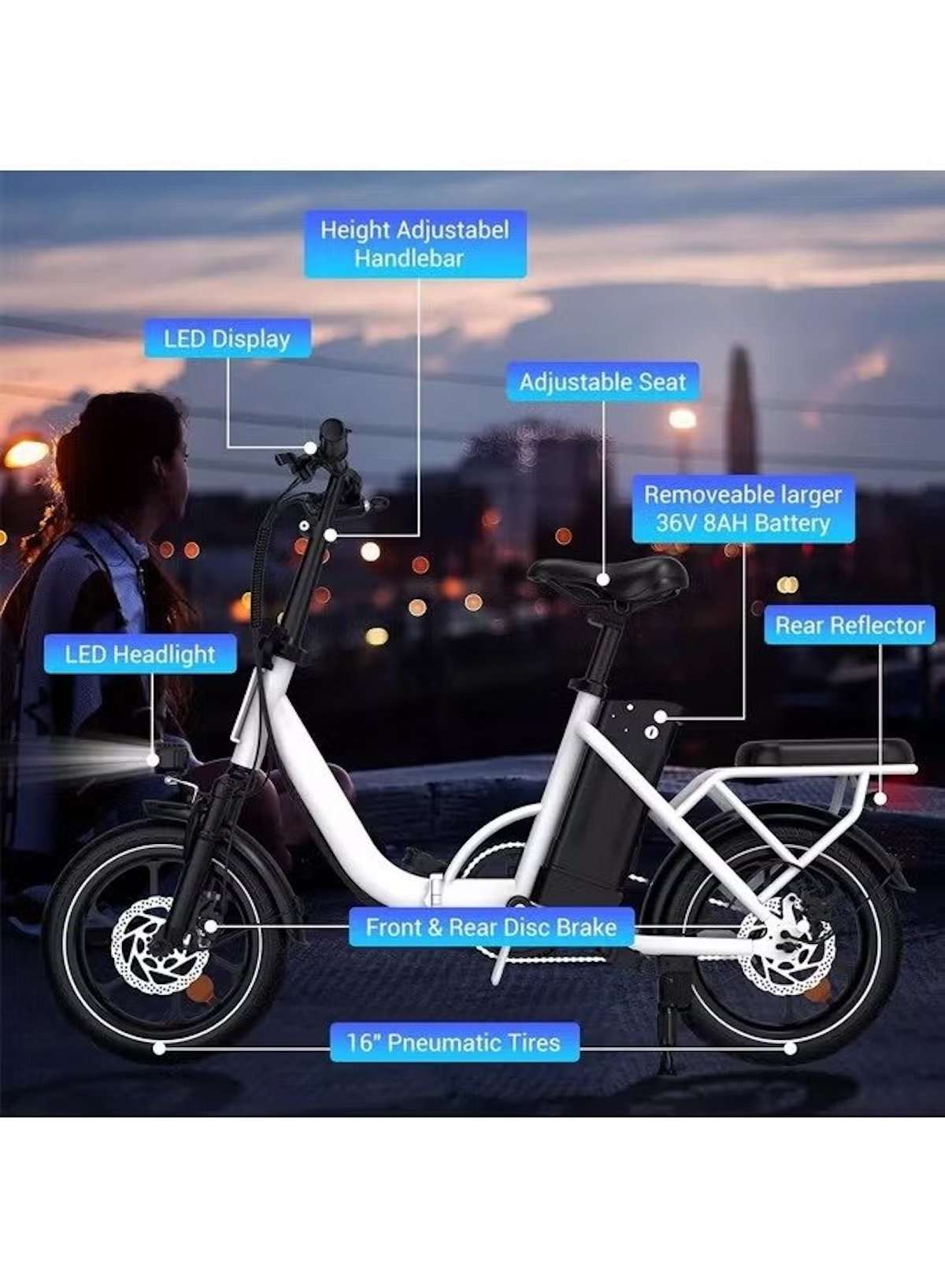Folding Electric Bike with 350W High Speed Motor, 36V 8AH Battery, 40 KM/H Speed, 35 KM Range, Dual Disk Brakes, Carbon Alloy Frame, 16-Inch Tires, Front Suspension Fork, Portable Electric Bike with Dual Seat, Helmet and Safety Vest