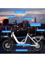 Folding electric bike with adjustable handlebar and seat, front and rear disc brakes, LED lights.